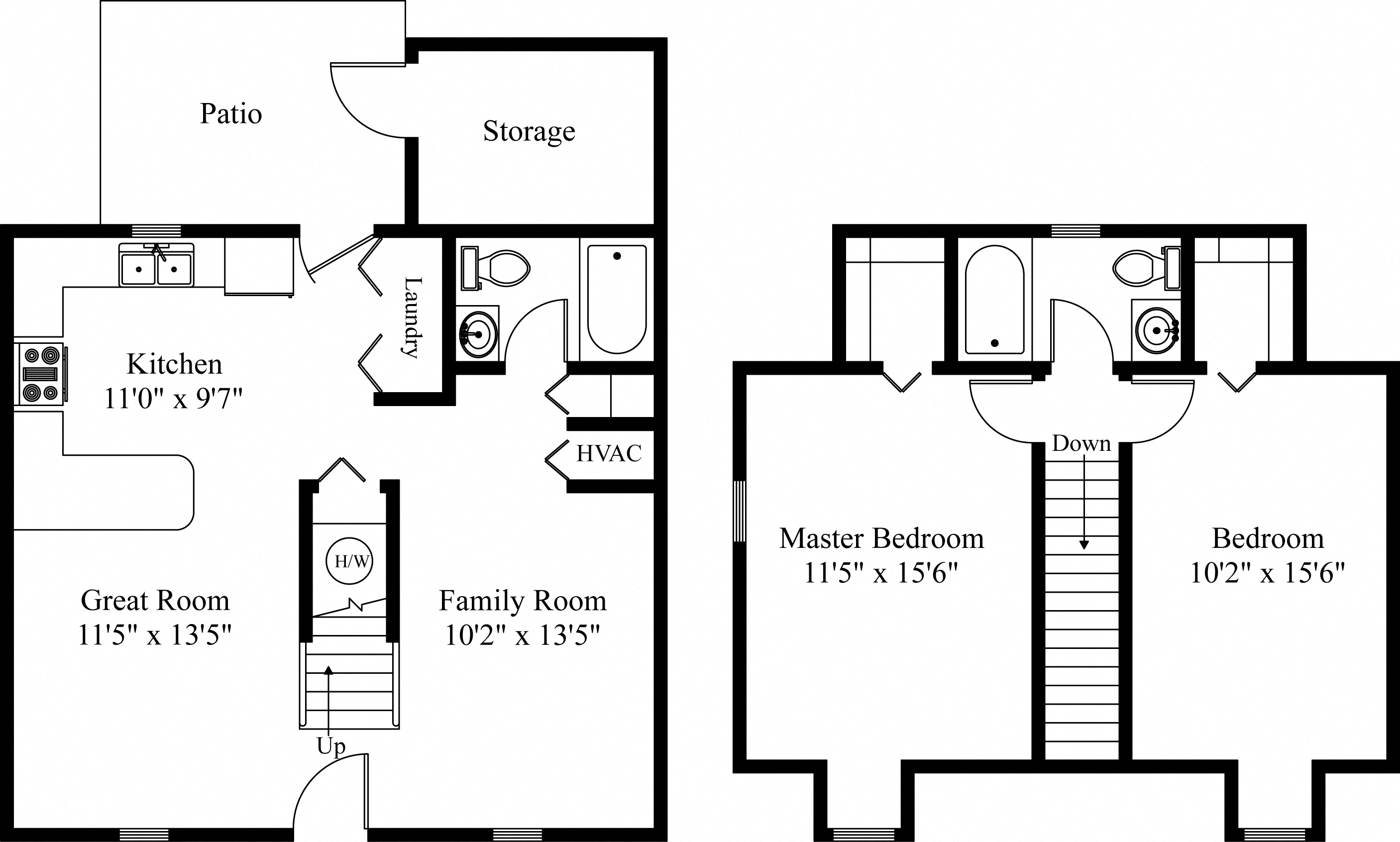 Floor plan for 2 beds, 2 baths, 1100 sqft